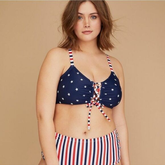LANE BRYANT CACIQUE SWIM STARS & STRIPES NO WIRE BRA LACE-UP BIKINI TOP SZ 28 - Picture 3 of 9